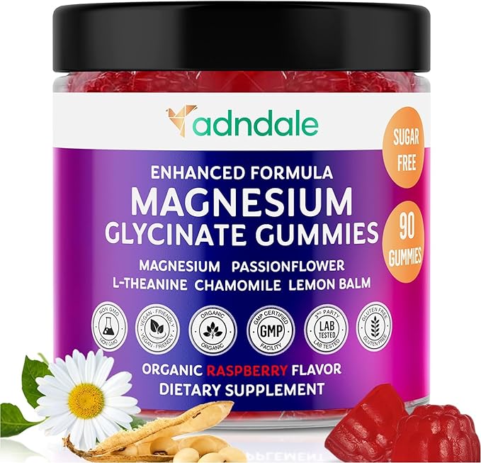 Adndale 90CT マグネシウムグリシン酸グミ。大人も子供も食べられるシュガーフリーのチュアブル。ラズベリー風味