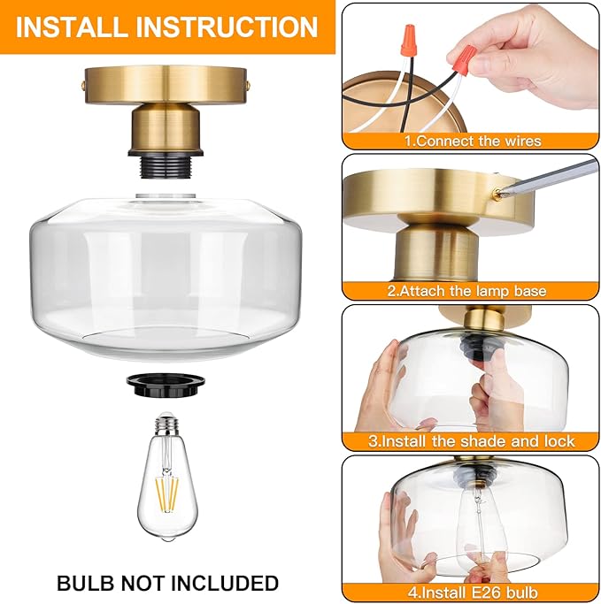 MAXvolador Industrial Semi Flush Mount Ceiling Light Gold, Clear Glass Pendant Lamp Shade, Farmhouse Lighting Hallway, Vintage Hanging Light Fixture