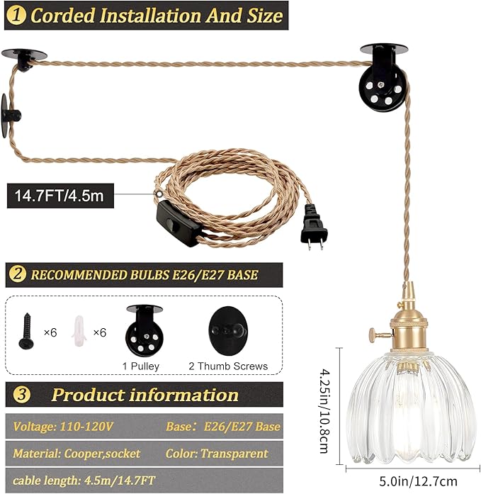 Shenmoyl Plug in Pendant Light Hanging Light Fixture Corded On/Off Switch Brass Pendant Light with Clear Tulip Glass Lampshade for Bedroom Living Room Kitchen Island
