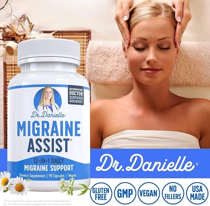 Meilleur produit de soulagement de la migraine avec du magnésium - Supplément Migraine Assist avec quercétine, grande camomille, pétasite, CoQ10 de Dr. Danielle, 90 gélules