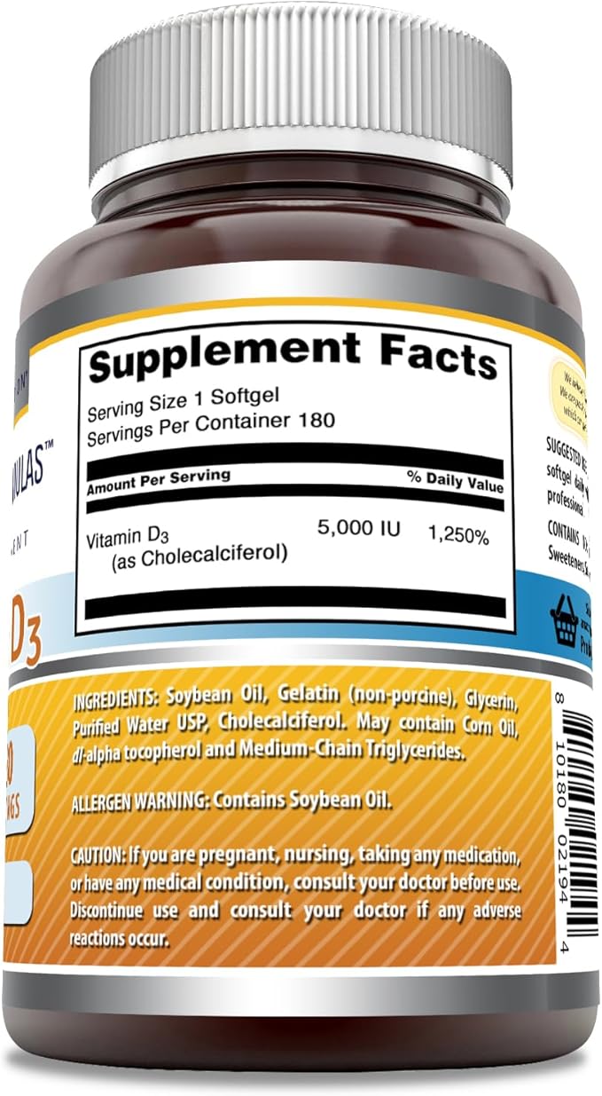 Amazing Formulas Complément de vitamine D3 (cholécalciférol) | 5000 UI par portion | Gélules | Sans OGM | Sans gluten | Fabriqué aux États-Unis (1 paquet | 180 capsules)