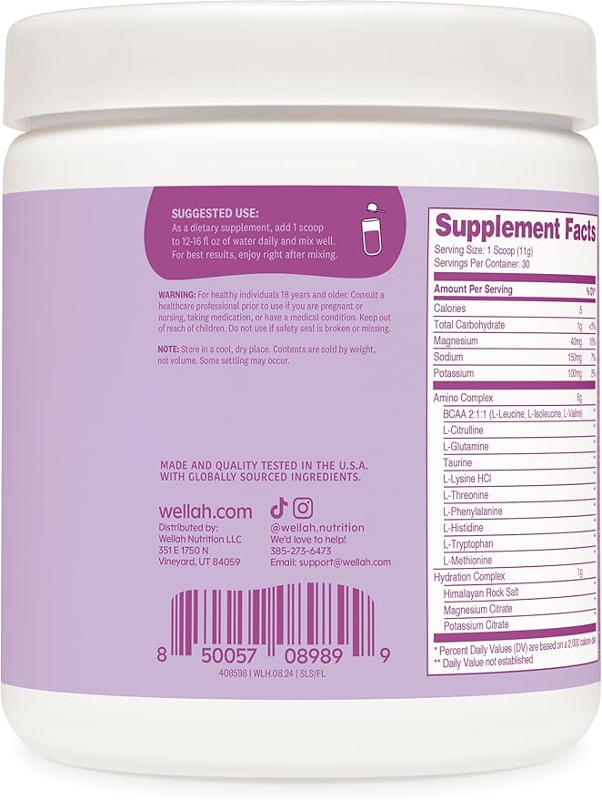 Wellah BCAAs (Frozen Lemonade Flavored) 30 Servings - BCAA Powder with Hydration Complex