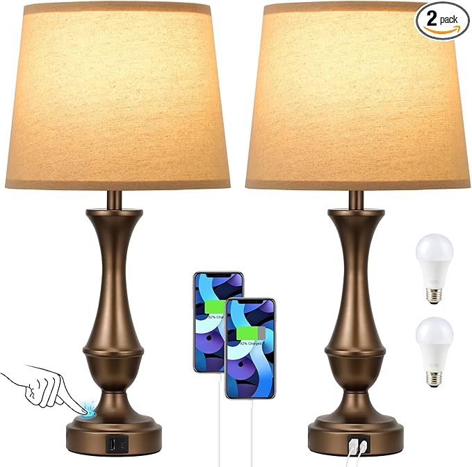 Seealle Upgraded Touch Lamps for Night Stands Set of 2 - Bedside Lamps with USB C+A, 3 Way Dimmable for Bedroom Living Room End Tables Office (Tall Oat&Brown)