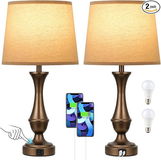Seealle Upgraded Touch Lamps for Night Stands Set of 2 - Bedside Lamps with USB C+A, 3 Way Dimmable for Bedroom Living Room End Tables Office (Tall Oat&Brown)