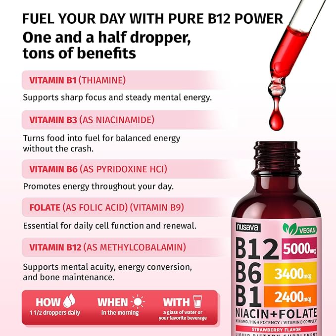 (Lot de 2) Gouttes liquides de Vitamine B12 et B6, Complexe de Vitamines B12 Sublingual - Vitamine B12 5000mcg - Méthylcobalamine B12 pour l'énergie, le cerveau et le soutien cardiaque avec 27 200 mcg, Fraise, 80 portions