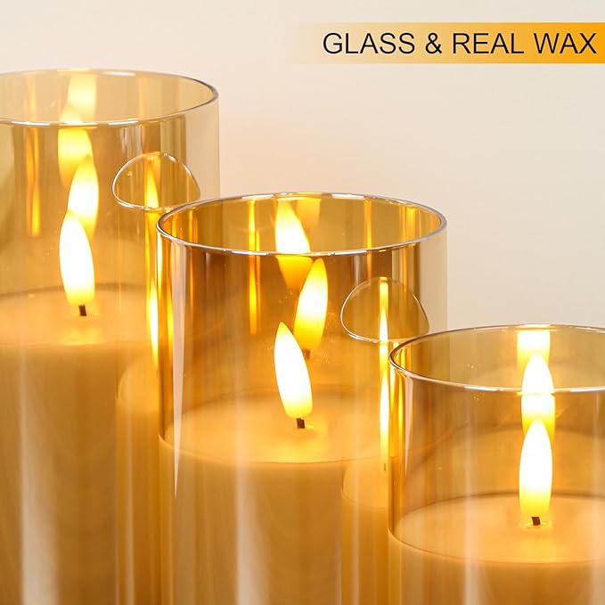 GenSwin Rechargeable LED Flameless Flickering Glass Candles with Remote Timer, Battery Operated Pillar Candles Long Lasting Gold Real Wax USB Candle (D 3”×H 4”5”6”)