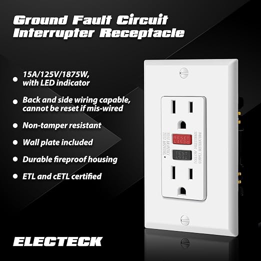 ELECTECK 5 Pack GFCI Outlets 15 Amp, Non-Tamper Resistant, Decor GFI Receptacles with LED Indicator, Ground Fault Circuit Interrupter, Wallplate Included, ETL Listed, Red/Black Button
