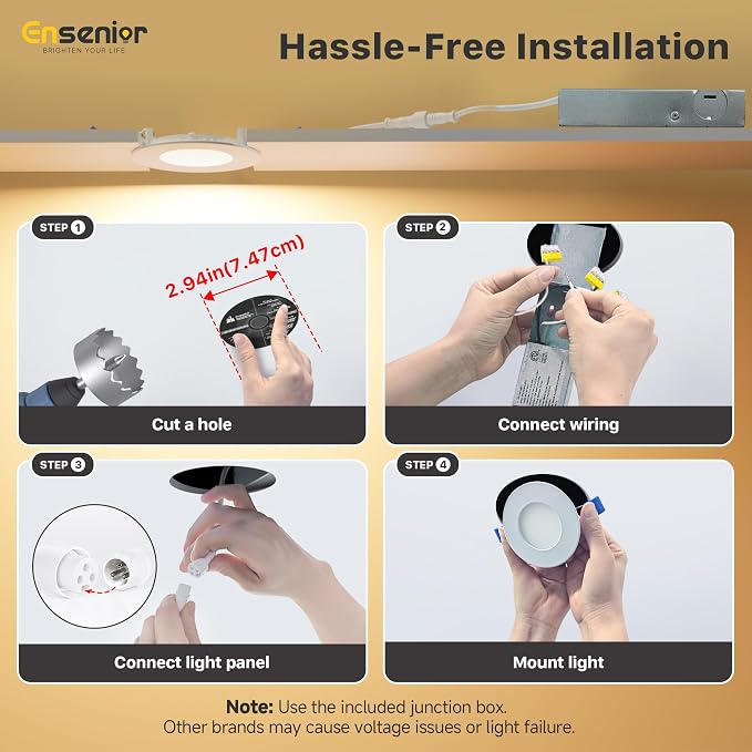 Ensenior 12 Pack 3 Inch LED Recessed Ceiling Light, Dimmable, 2700K-5000K 5CCT, 500LM 6W 120V, High Brightness Canless Wafer Downlight - ETL&FCC&IC