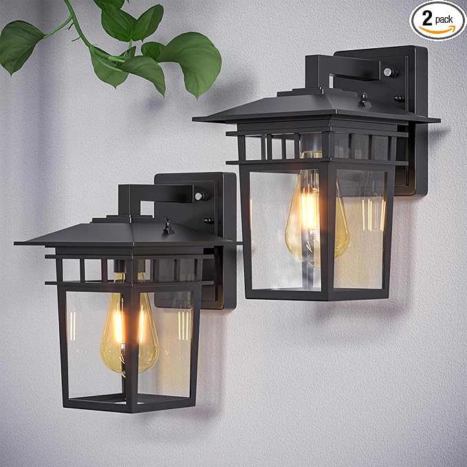 ChangM Outdoor Wall Light Fixtures,Sensor Porch Lights, Outdoor Waterproof Wall Sconce Light Fixture with E26 Base and Glass Lampshade,Black Anti-Rust Aluminium Modern Outdoor Wall Lantern 2 Pack
