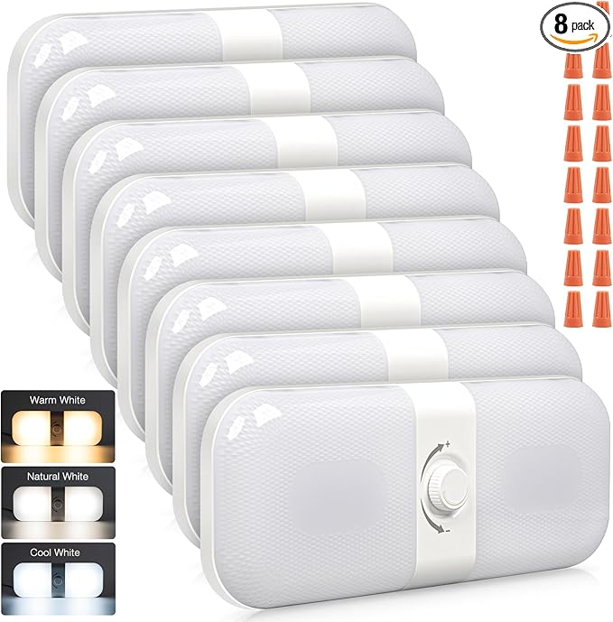 CT CAPETRONIX RV Lights Interior 1700LM, 3 Color TEM Camper Lights, Dimmable 12v Volt Led Lights Fixture, RV Ceiling Dome Light w Switch for RV/Camper/Car/Trailer/Boat (Warm+Cool+Natural White) 8Pack
