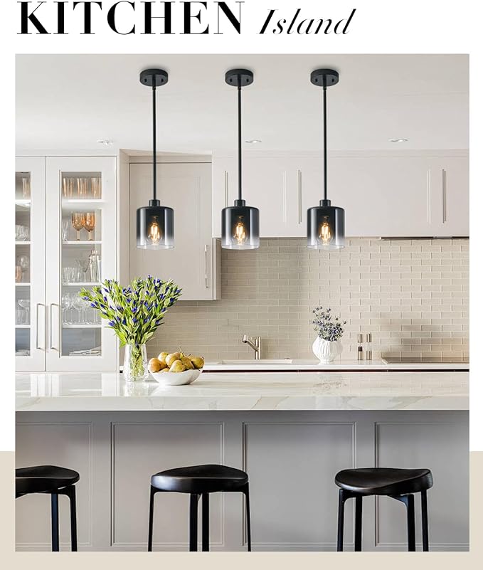 2-Pack Black Pendant Light Fixtures, Modern Pendant Lights for Kitchen Island with Adjustable Rods, Industrial Glass Pendant Lights for Dining Table Hallway Bedroom Living Room