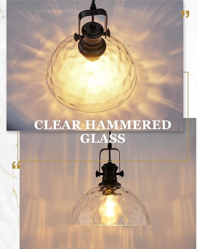 Large Pendant Lights Kitchen Island, 10.5" Farmhouse Black Pendant Lighting with Hammered Glass Shade, Vintage Hanging Light Fixtures for Dining Room Entryway, AD-22151-1PL-BK-H