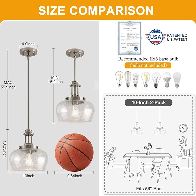 Modern Pendant Lights Kitchen Island, Brushed Nickel Pendant Light Fixtures with 10" Clear Air Bubble Glass Shade, Industrial Hanging Pendant Lights Fixture for Kitchen Island Dining Room Entryway