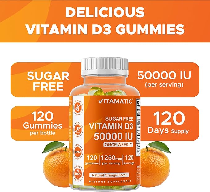 Vitamatic Sugar Free Vitamin D3 50,000 IU Weekly Supplement - 120 Pectin Based Gummies - Vitamin D Capsules for Bones, Teeth, and Immune Support (50000 IU)