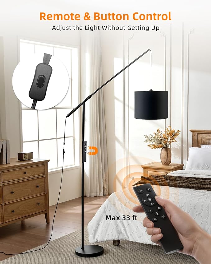 Arc Floor Lamp for Living Room, Dimmable Standing Lamp with Remote, Brightness & Color Temp Adjustable, Height Adjustable Arched Reading Light with LED Bulb, Black Tall Pole Lamp for Bedroom, Office