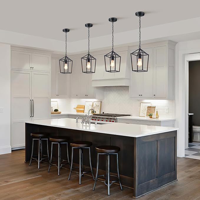 Sheetea 2-Pack Farmhouse Pendant Lights Kitchen Island, Black Pendant Light Fixtures Hanging Lamp for Dining Room, Modern Kitchen Pendant Lighting Over Island, Metal Cage Design