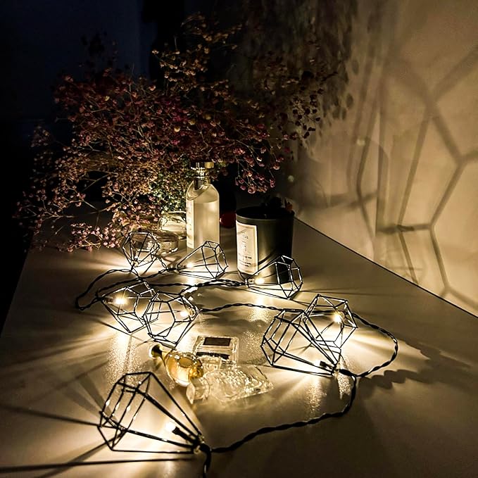 Diamond String Lights 10 LED 6.8 ft Battery Operated, Geometric String Lights Warm White, Black Metal Lamps Decor for Indoor Wedding Party Bedroom Christmas