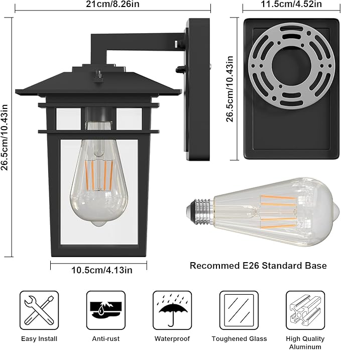 ChangM Outdoor Wall Light Fixtures,Sensor Porch Lights, Outdoor Waterproof Wall Sconce Light Fixture with E26 Base and Glass Lampshade,Black Anti-Rust Aluminium Modern Outdoor Wall Lantern 2 Pack