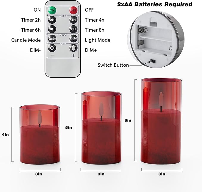VIODAIM Ice Crystal Real Wax Glass Flameless Candles with Remote & Timer, Battery Operated Candles with Warm Flickering Flame, Realistic LED Candle for Wedding Home Decor [D3×H4/5"/6"] Red, 3Pack