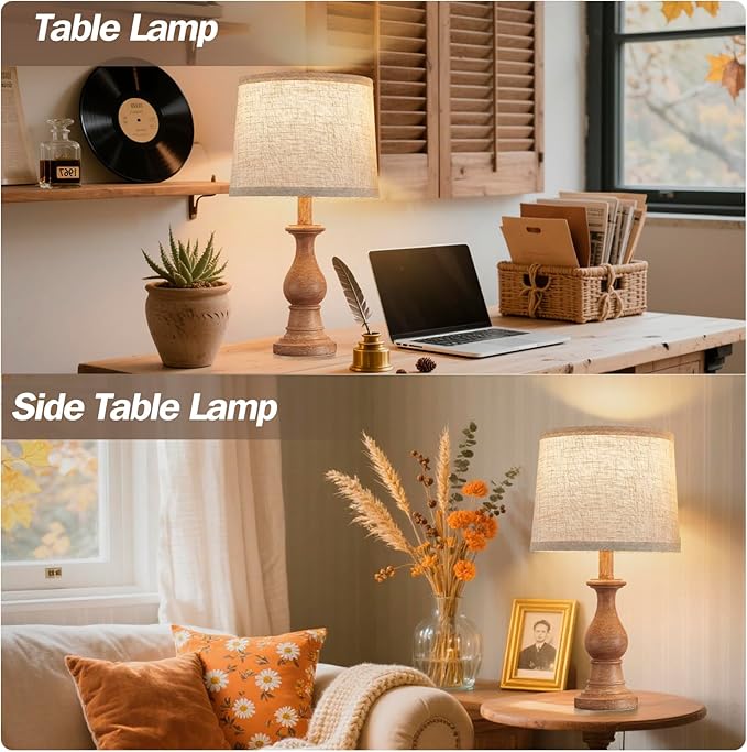 Vintage Table Lamp for Living Room Bedroom, 18.5" Farmhouse Bedside Lamps Nightstand Lamp Set of 2, Table Lamps with Oatmeal Linen Lamp Shades, 2 LED Bulbs Included, Wood Grain