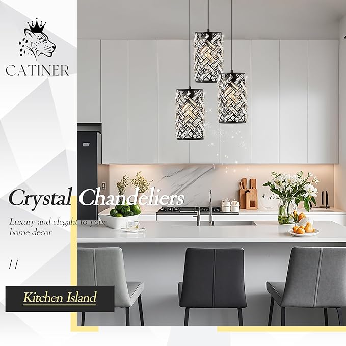 CATINER 3 Lights Crystal Pendant Light Modern Black Mini Chandelier, Adjustable Cluster Pendant Light Fixture for Kitchen Island Dinning Room Bedroom Hallway Porch