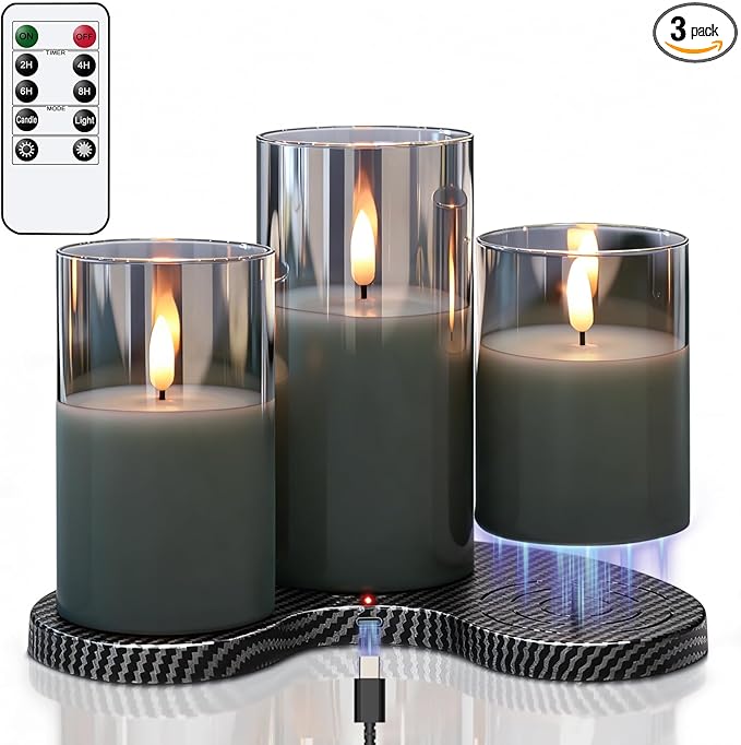 GenSwin Rechargeable Candles with Remote Timer and Charging Base, Set of 3 Glass Battery Operated Candles with 3D Flickering Wick, Black LED Flameless Candle for Home Party Decor(D3” x H4”5”6”)
