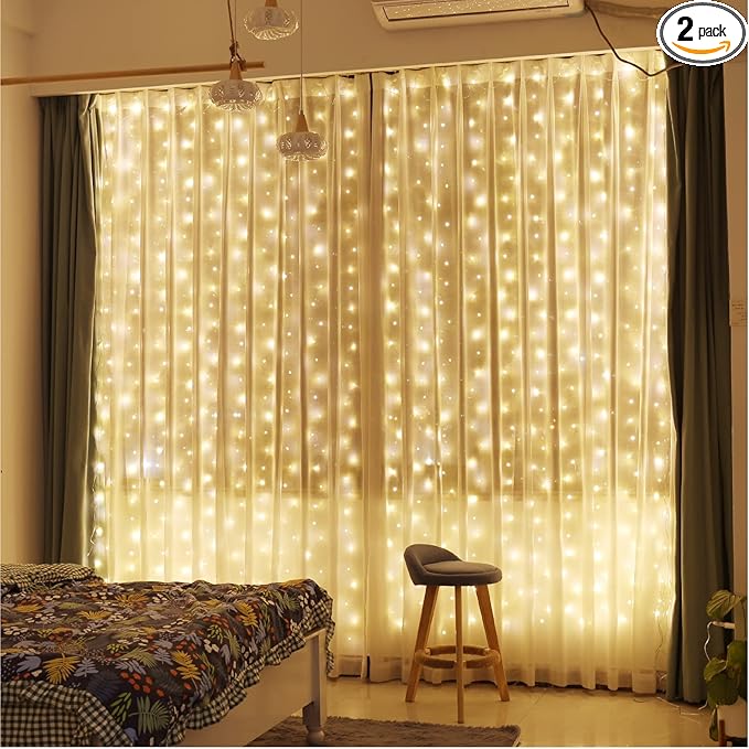 ZSJWL 2 Pack Curtain Lights, 300 LED Curtain Fairy Light with Remote, 8 Modes 9.8 × 9.8 Ft Twinkle String Lights, USB Plug in Copper Wire Lights for Bedroom Window Chrismas Wedding Party, Warm White