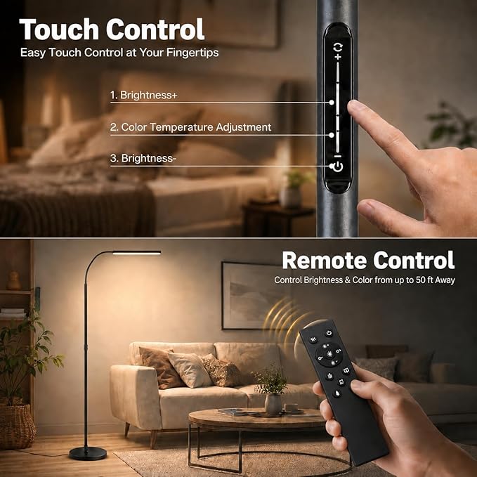 Wio-Mio Floor lamp, 15w/1000lm Bright LED Floor Lamp with Stepless Adjustable 3000K-6000K Colors and Dimmer, Remote and Touch Control, Adjustable Floor Lamp for Living Room