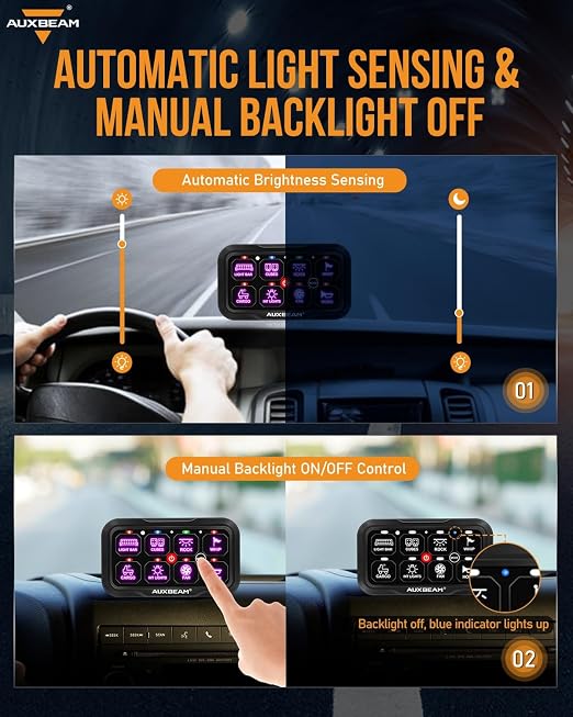 Auxbeam 8 Gang Switch Panel RC-800 RGB Wireless Remote Control Range Up to 165FT Multifunction Switch Pod 3 lighting modes with Backlit Off and Auto Dimmable for RV Offroad Waterproof 3 Years Warranty