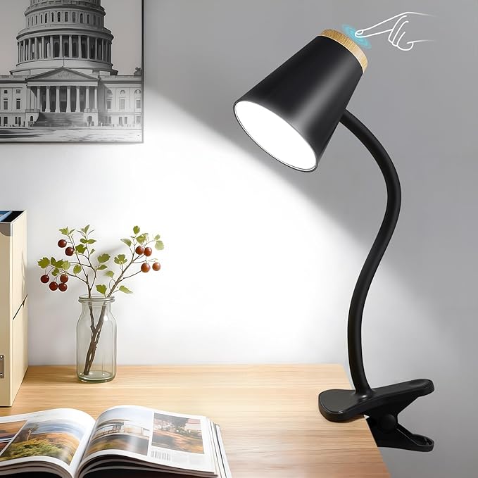 EJIAXIN Clip on Desk Lamp for Home Office - Small LED Touch Dimmable Reading Light for College Dorm Room - Adjustable Flexible Gooseneck Clamp Light Table Lamp for Bedside Bedroom Bed Headboard Black