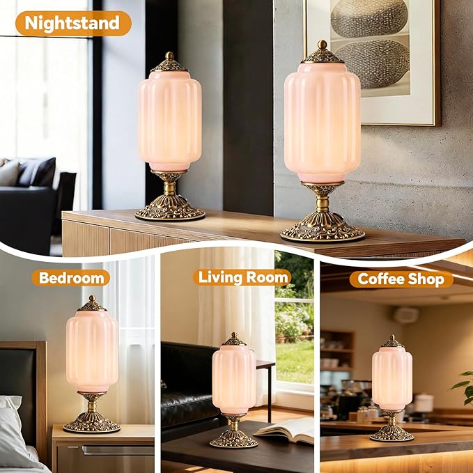 Milk Glass Table Lamp, Touch Control with USB Charging Port Vintage Bedside Desk Lamp Stepless Dimming for Bedroom Living Room Nightstand Led Bulbs Included （Pink）