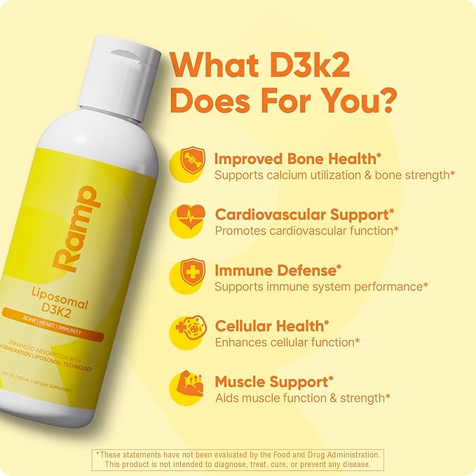 Vitamine D3K2 liposomale liquide – Végétalienne, sans OGM, vitamine D3 + K2 à haute absorption pour le soutien des os, du cœur et du système immunitaire – 60 doses