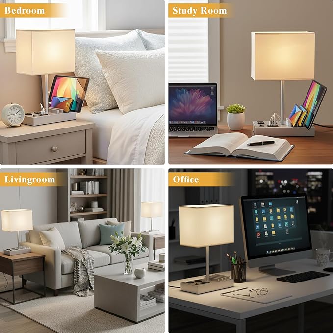 Briever USB Table Lamp, Multi-Functional Desk Lamp with 2 AC Outlets, Bedside Lamp with 3 USB Charging Ports and Wooden Phone Stands, Nightstand Lamp for Bedroom, Livingroom, Office, Silver Woodgrain