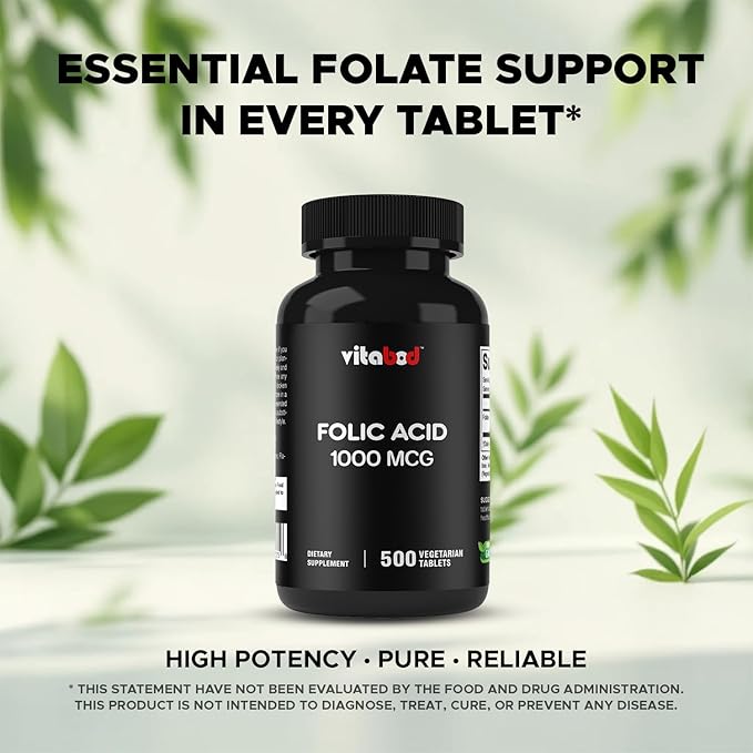 Vitabod Folic Acid 1 mg (1000 mcg) (Vitamin B9) - 500 Vegetarian Tablets - an Essential Prenatal and Postnatal Vitamin