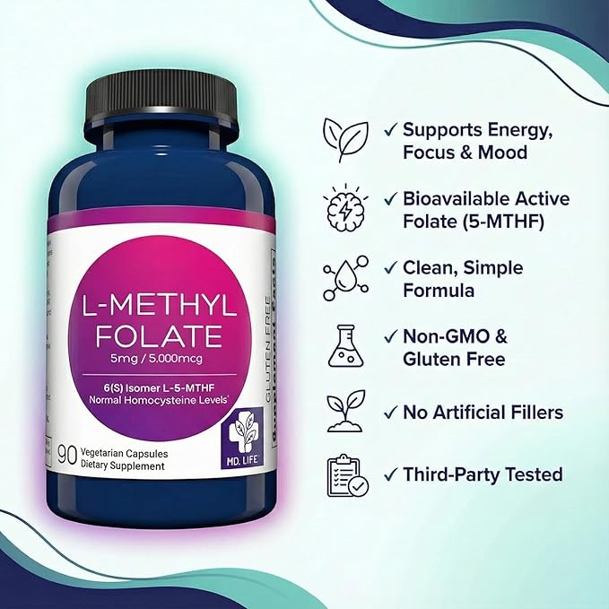 MD Life L-Méthylfolate 5mg - Supplément de Méthylfolate Actif de Qualité Professionnelle - Potentiel Maximal - Suppléments MTHFR - L-méthylfolate 5mg 90 Gélules - Acides Aminés Essentiels