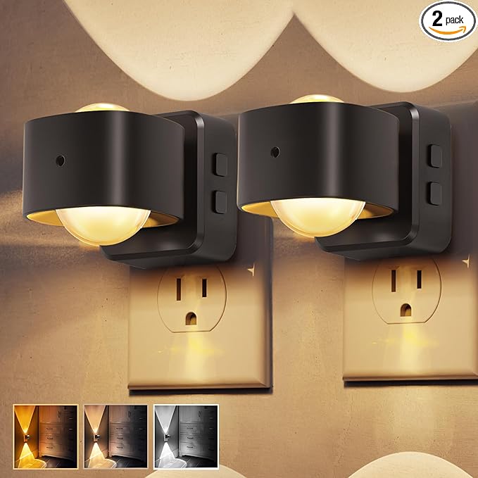 L LOHAS LED Night Light Projector, Night Lights Plug into Wall, 2000K/3000K/5000K Adjustable Color Temperature Nightlight, Rotating Nightlight with Light Sensor for Kids, Bathroom, Gaming Room,2 Pack