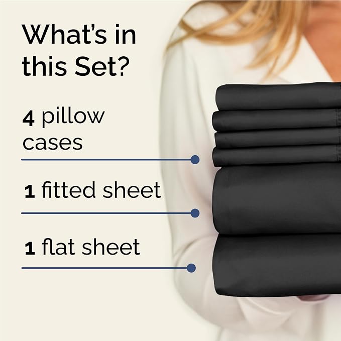 Full 6 Piece Sheet Set - Comfy Breathable & Cooling - Ultra Soft Hotel Luxury Bedding Set with 8-16 Inch Deep Pockets - 1 Flat & 1 Fitted Sheet & 4 Pillowcases - Cozy, Wrinkle Free & Easy Care - Black