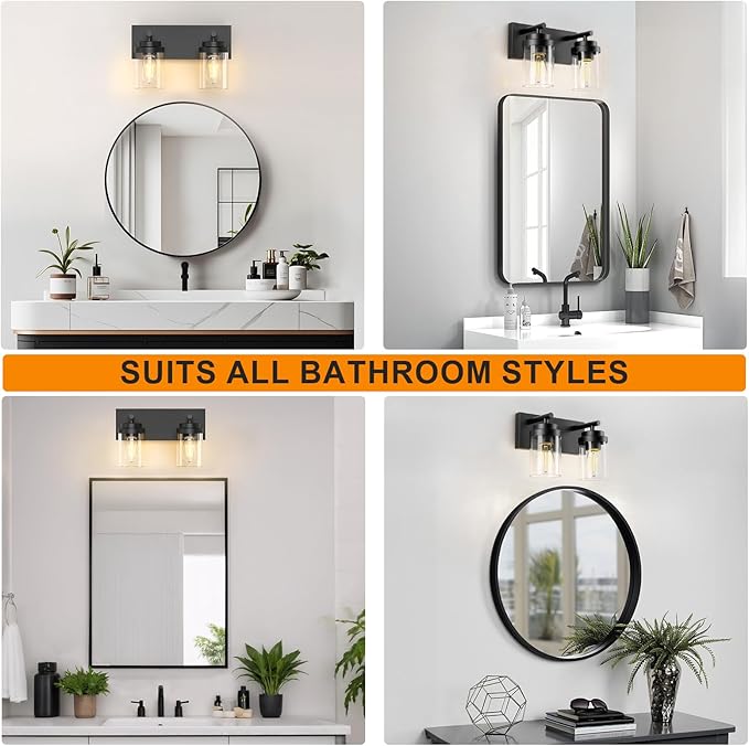 IZORRO Bathroom Vanity Light Fixture, 2-Light 15 Inch Matte Black Bathroom Light Fixtures Over Mirror, with Clear Glass Shade, Modern Farmhouse Vanity Lights, Rustic Restroom Lighting Fixtures