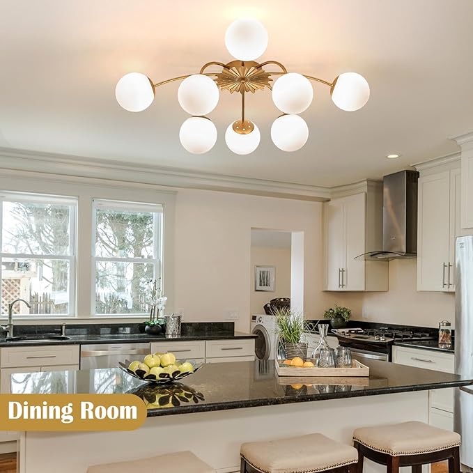 8-Light Milk Glass Pendant Light, 33" Sputnik Bubble Glass Chandelier Light Fixture, Hand Blown Semi Flush Mount Ceiling Chandeliers Lighting for Dining Room, Living Room (Gold, 8-Light Ceiling)