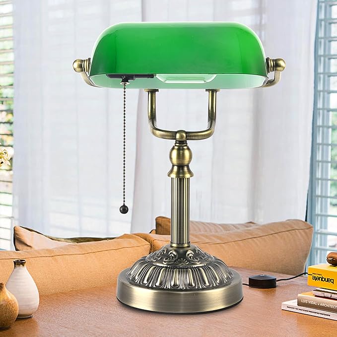 Bankers Desk Lamp with USB-A Charging Port, Vintage Desk Lamps with Pull Chain Green Glass, Antique Brass Banker's Lamp for Home Office Library