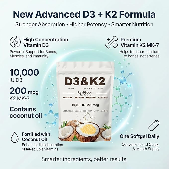Real Good essentials VitaminD3 & K2 Coconut Oil Softgels Capsules | D3 10,000 IU + K2 MK-7 200 mcg | Upgraded High-Potency Formula for Bone, Immune Health, Boosts Energy & Calcium Absorption (1pc)