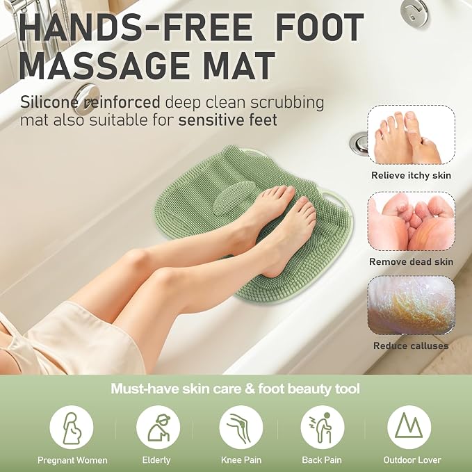XL Shower Foot Scrubber Mat, Silicone Feet Massage Cleaner Dead Skin Toes Clean Pad without Bending Non-slip Suction Cups -Improve Circulation for Feet Beauty Exfoliate Smooth Achy 17.2*13" Sage Green