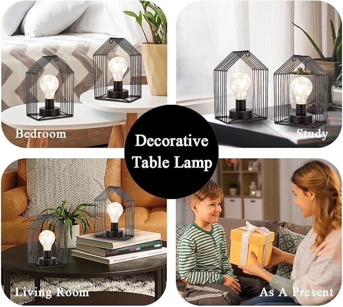 JHY DESIGN Set of 2 Battery Operated Wall Sconce 7''H Metal Wall Mount Lamp with 6-Hour Timer and Fairy Lights Bulb Table Lamp Wall Decor for Bedroom Living Room Hallway Stairway(House Shape)