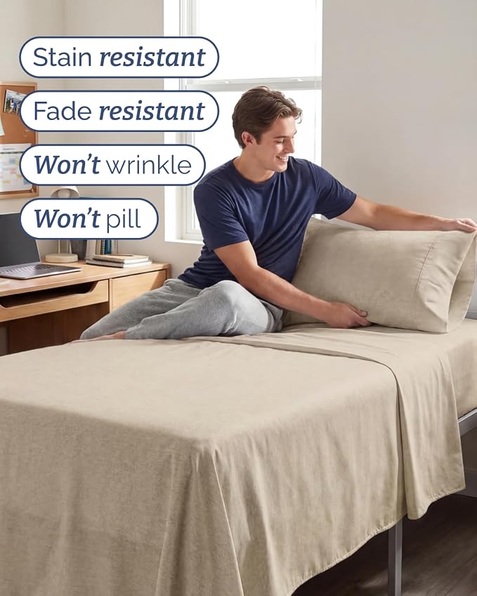 Twin XL 4 Piece Sheet Set - Comfy Breathable & Cooling - Soft Hotel Luxury Bedding Set w/ 8-16 Inch Deep Pockets - 1 Flat & 1 Fitted Sheet & 2 Pillowcases - Wrinkle Free & Easy Care - Heathered Beige