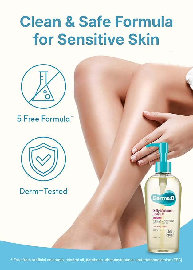 Derma B | デイリーモイスチャーボディオイル | 99%天然アルガン＆スイートアーモンドオイル | 乾燥性敏感肌用シャワーオイル | 軽くて長時間潤う | ピーチの香り付きスキンボディケアオイル | 200ml