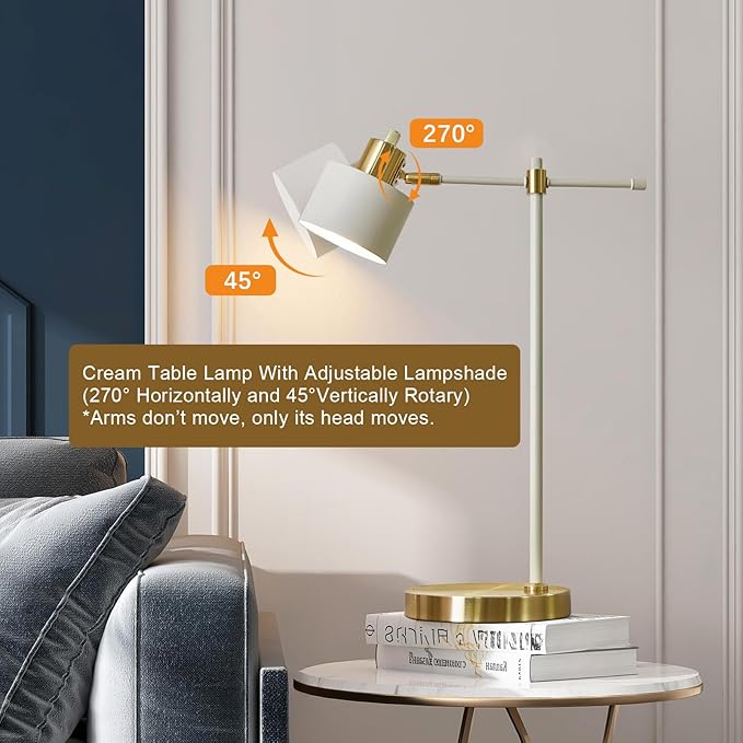 OYEARS 22.2" Modern Desk Lamp, Metal Table Lamp with LED Bulb, Adjustable Reading Lamps for Living Room, Mid Century Task Lamp for Home Office, Industrial Bedside Lamps, Cream and Gold