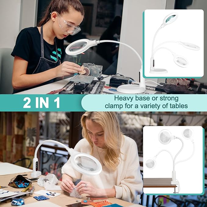 10X Magnifying Glass with Light and Clamp, 5 Color Modes Stepless Dimmable Lighted Magnifier with Stand, Flexible Gooseneck LED Desk Lamp Hands Free for Craft Painting Hobby Close Work