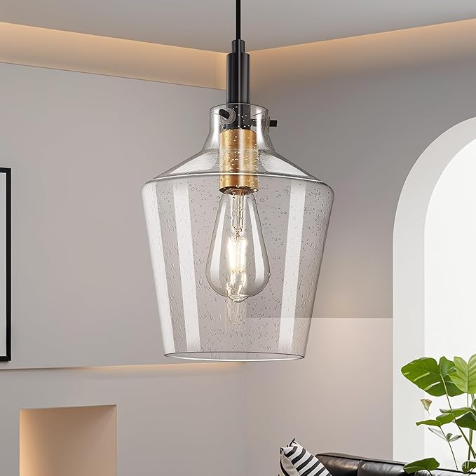 Modern Seeded Glass Pendant Lighting for Kitchen Island 1 Pack, Farmhouse Black and Gold Pendant Light Fixtures, Height Adjustable Ceiling Pendant Light, Angled Seeded Glass Shades 8 Inch
