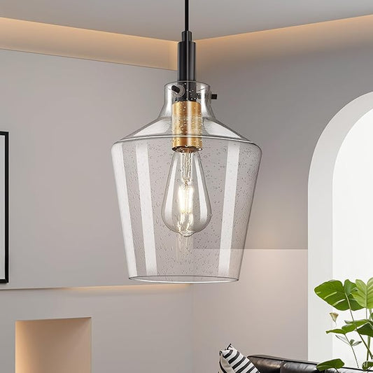 Modern Seeded Glass Pendant Lighting for Kitchen Island 1 Pack, Farmhouse Black and Gold Pendant Light Fixtures, Height Adjustable Ceiling Pendant Light, Angled Seeded Glass Shades 8 Inch