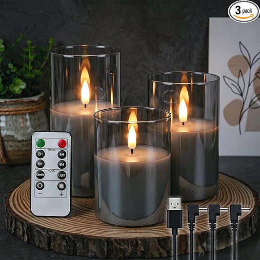 GenSwin Rechargeable LED Flameless Flickering Glass Candles with Remote Timer, Battery Operated Pillar Candles Long Lasting Grey Real Wax USB (D 3”×H 4”5”6”)